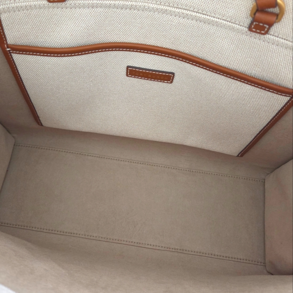 EXCELLENT TORY BURCH BLAKE CANVAS LEATHER JUMBO TOTE IN NATURAL CLASSIC CUOIO - Picture 3 of 8